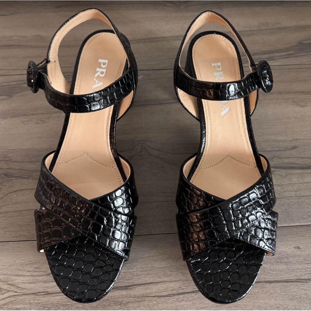 Prada black croc-embossed criss cross platform sandals